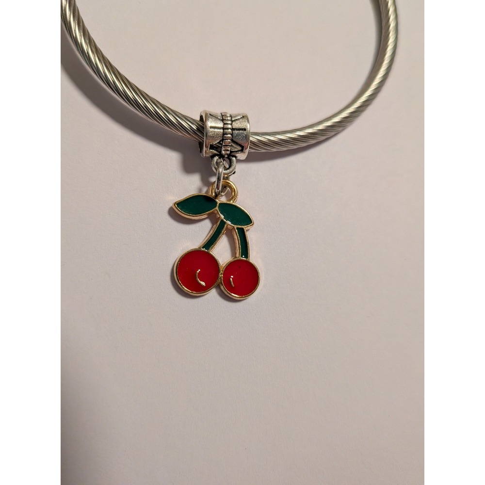 Red Cherry Fruit Dangle Charm Silver Tone Slider Bead for Snake Chain Bracelet